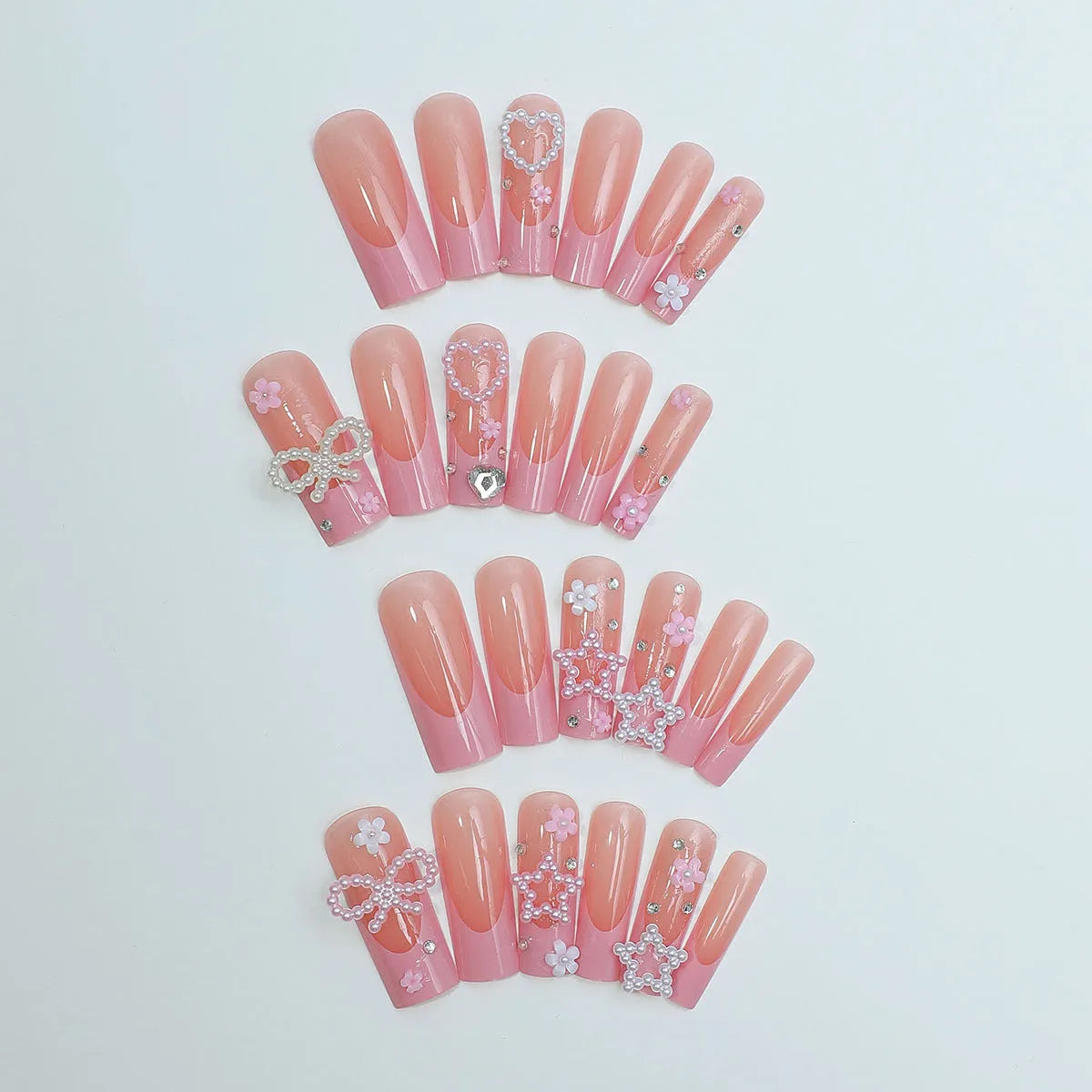 Super long water pipe French style nail decoration with drill bow and red love pattern on plastic armour suit.