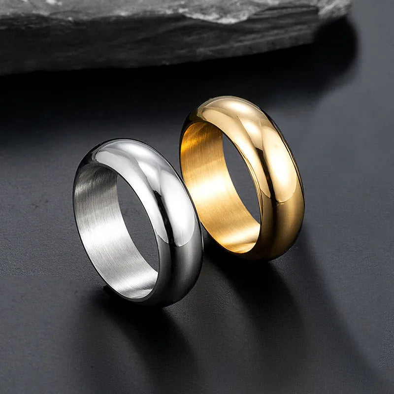 Glossy electroplated titanium steel ring in gold, black, or steel colour showing band detail