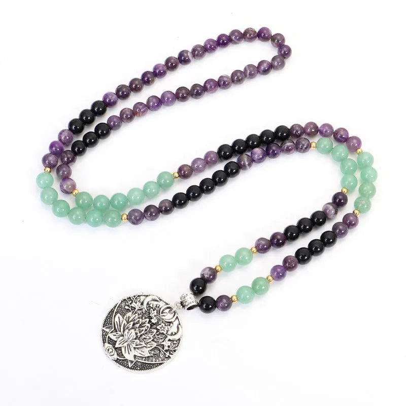 Dongling Long handmade stone bead necklace with alloy lotus pendant and matching bracelet, adjustable length.