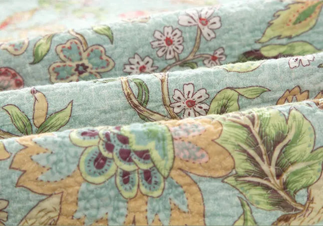 Blue American floral cotton bedspread set with quilted texture, 230x250 cm three-piece bedding