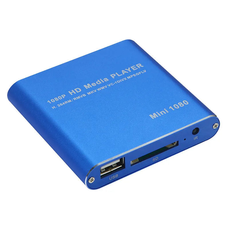 Compact black 1080P media player with HDMI USB SD ports and metal casing