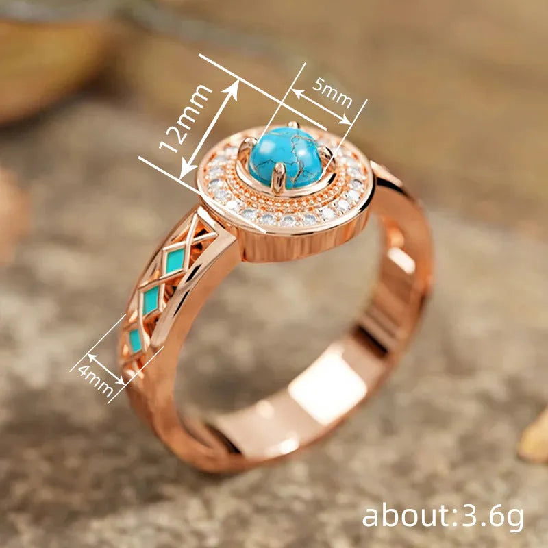 Women's turquoise ethnic style copper ring with rose gold finish and micro inlaid zircon geometric design