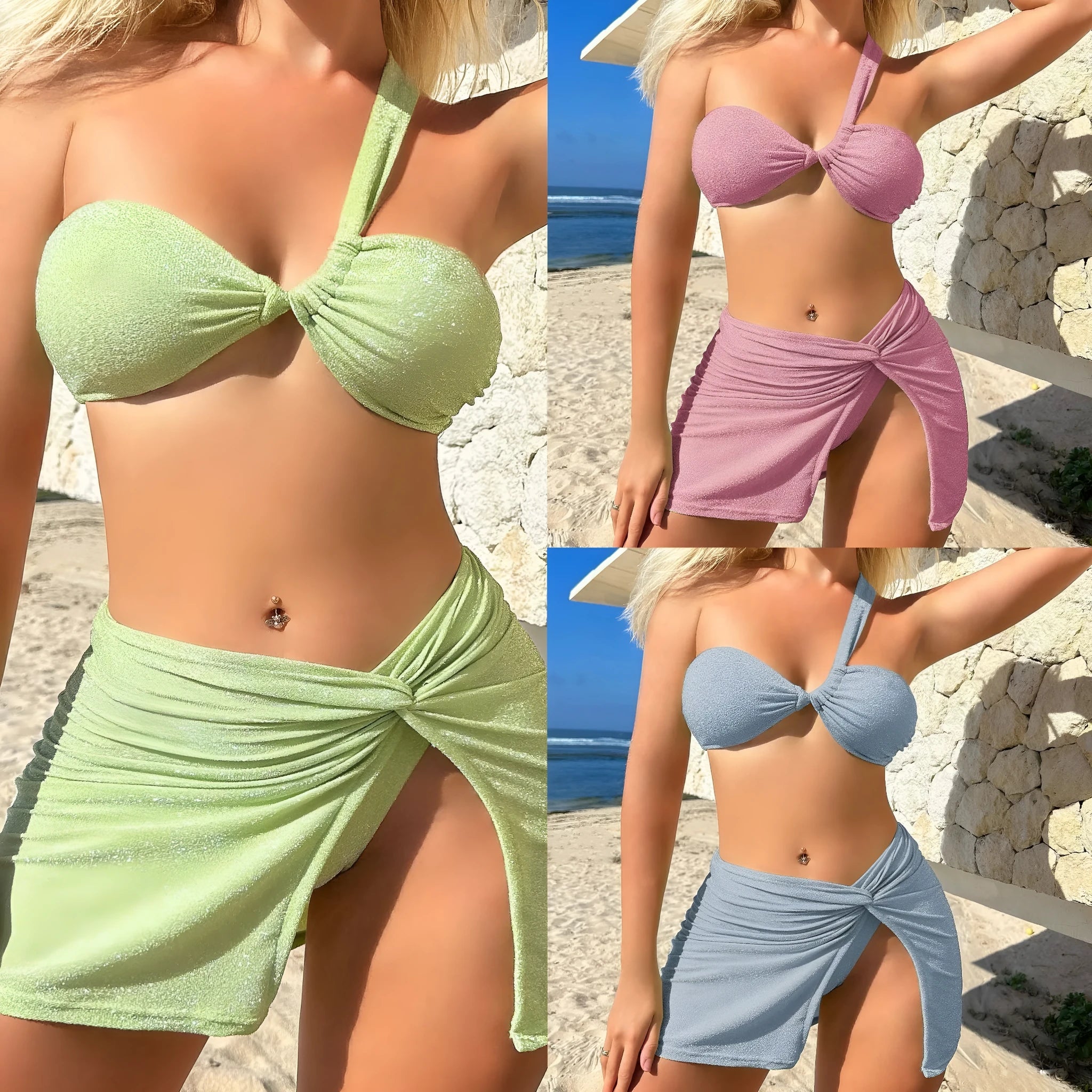 Three-piece swimsuit set in light green sky blue or pink featuring one-shoulder tube top pants and skirt in glossy polyester