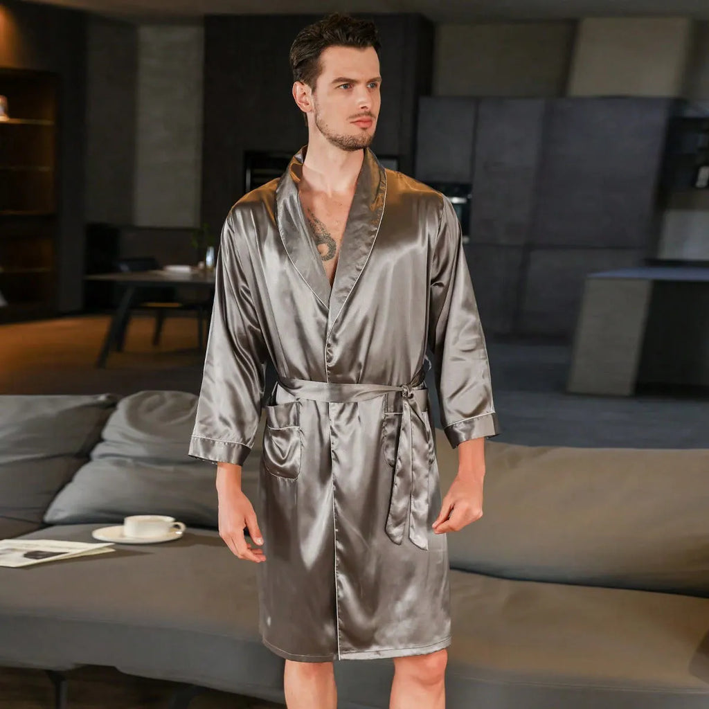 Men's lightweight polyester silk bathrobe for summer in multiple colours and sizes.
