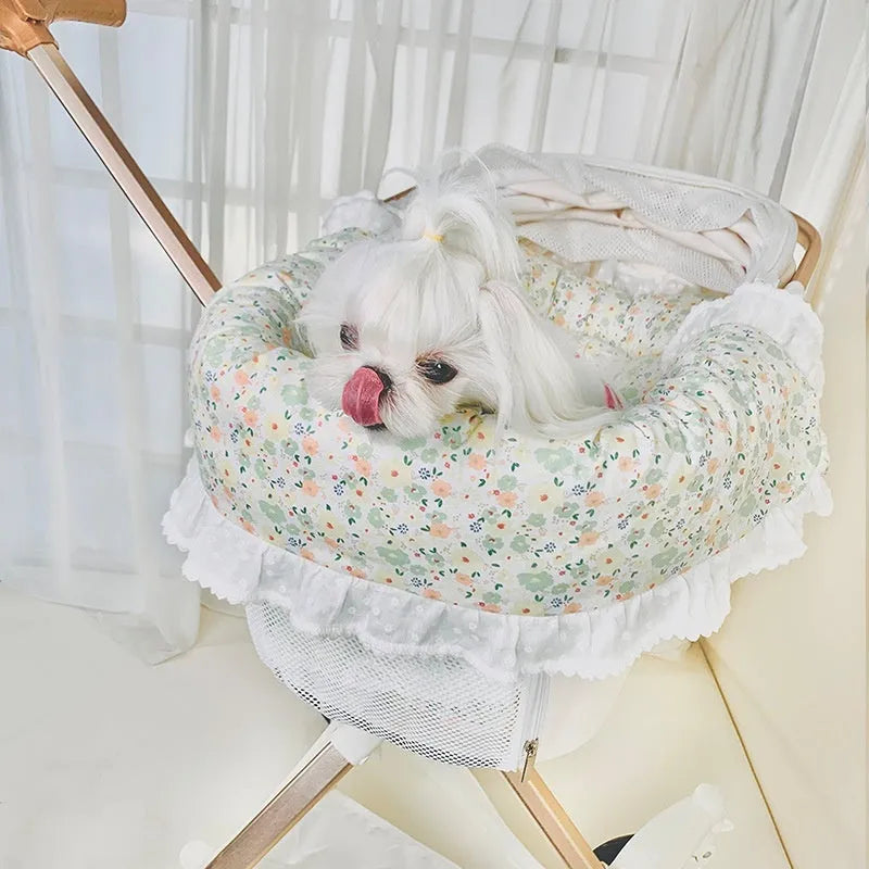 Pure cotton pet stroller cushion set with removable towel, cushion and pillow in floral pattern