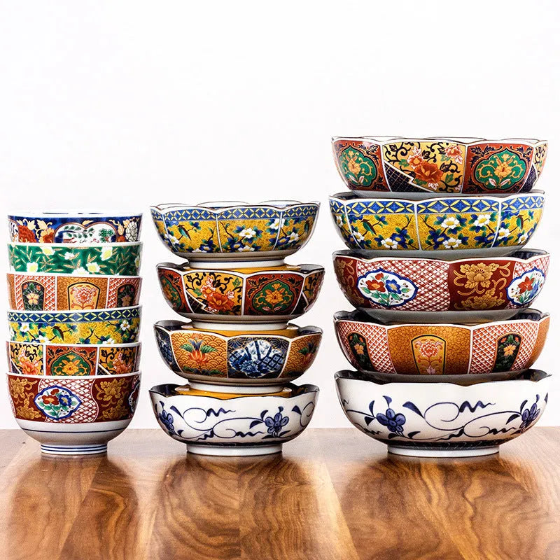 Japanese style 4-inch ceramic bowl with peony retro design in gold colour