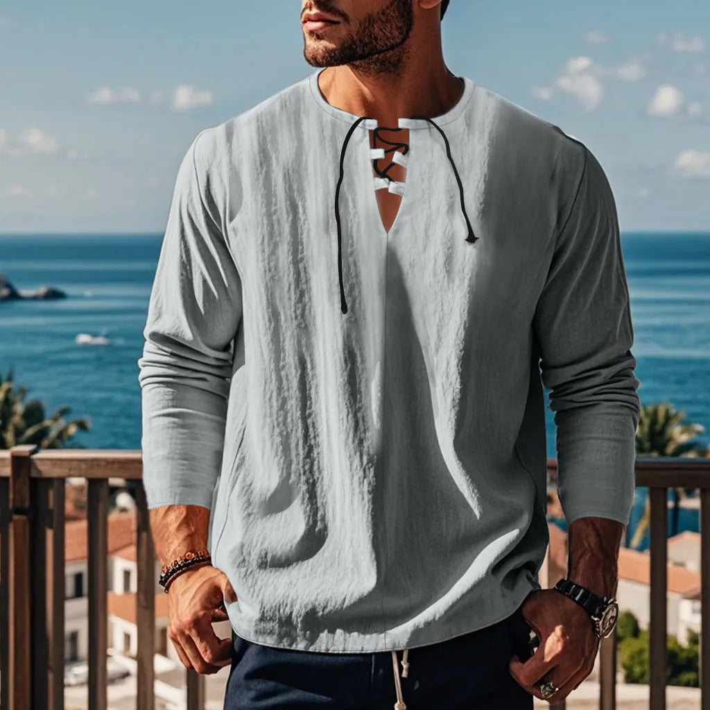 Cotton linen beach ruff shirt in solid colour with loose pullover design