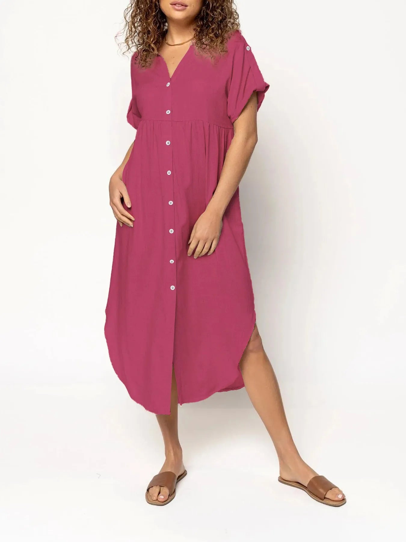 Casual mid-length button-front dress in solid colour with regular sleeves and mid-waist cut