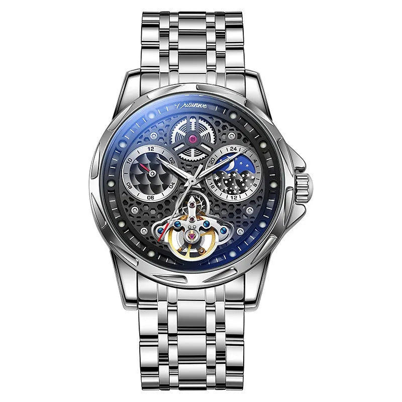 Men's black and white automatic business watch with steel bracelet or leather strap options