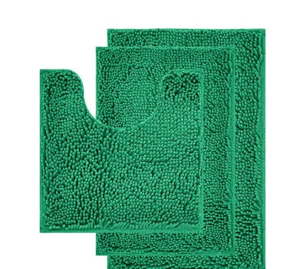 Chenille long hair bathroom three-piece carpet set with U-shaped mat and rectangular mats in modern colours.
