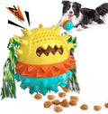 Blue and red squeaky dog toy with treat dispenser and textured surface for aggressive chewers