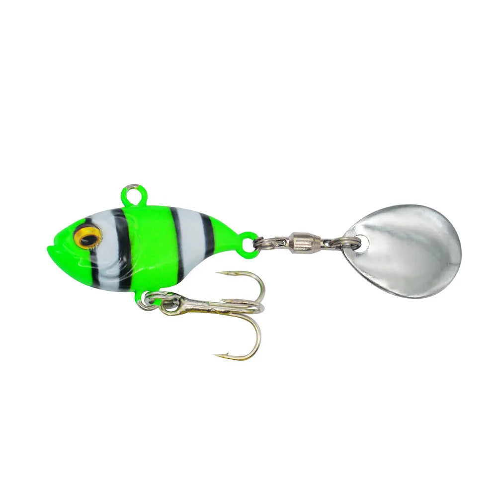 Metal sea fishing spinnerbait lure with rotating sequins showing six colour pattern options