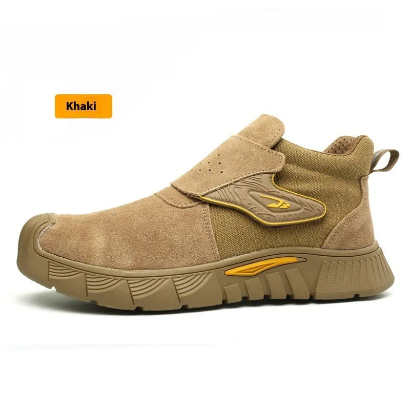 Steel toe cap high-top welding work shoes with front lace-up closure and mid-top design