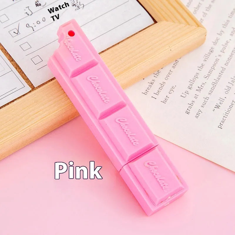 Chocolate ballpoint pen with cartoon simulation food design showing 0.5mm bullet tip and pink, beige, brown refill options.