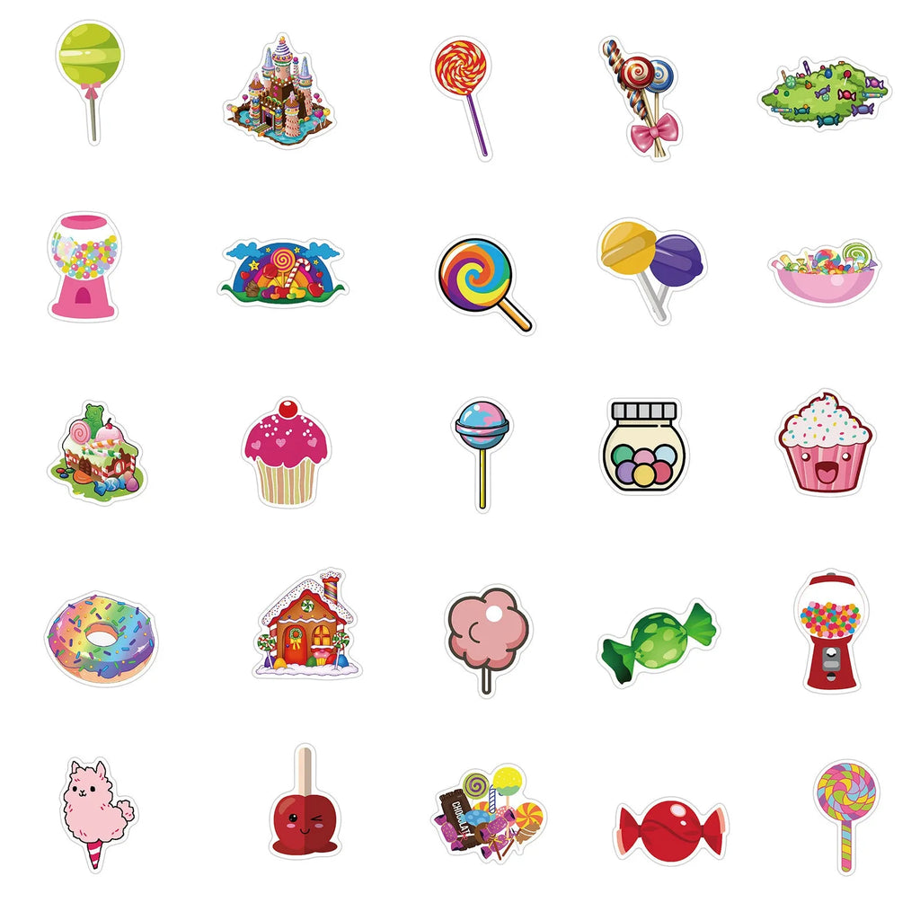 Pack of 50 pink candy-themed graffiti and cartoon stickers on a white background.