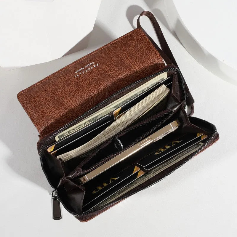 Men's black PU leather long wallet with multiple card slots, shown closed with slim profile.