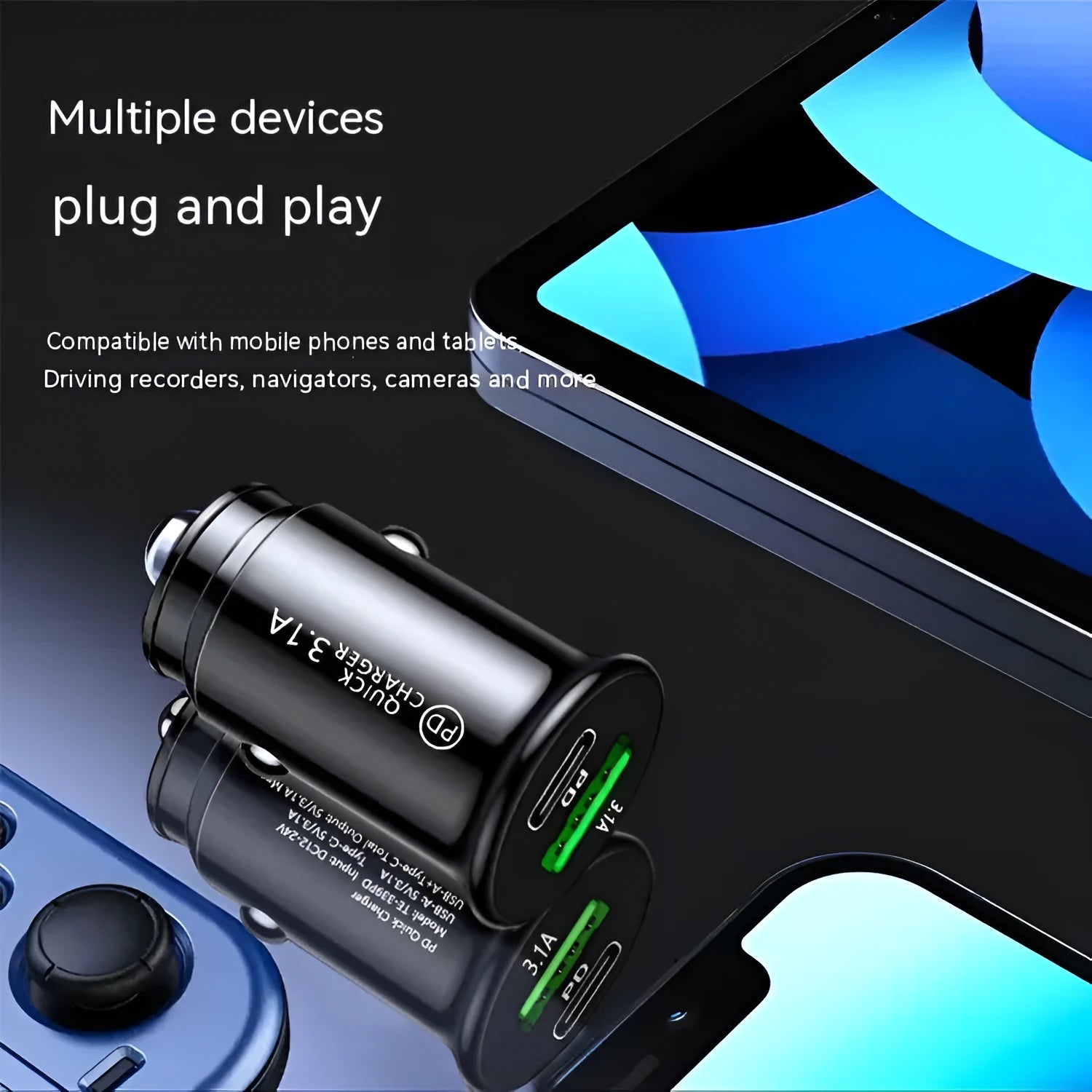 Dual USB port car charger converter in black bare metal for 12V cigarette lighter socket charging