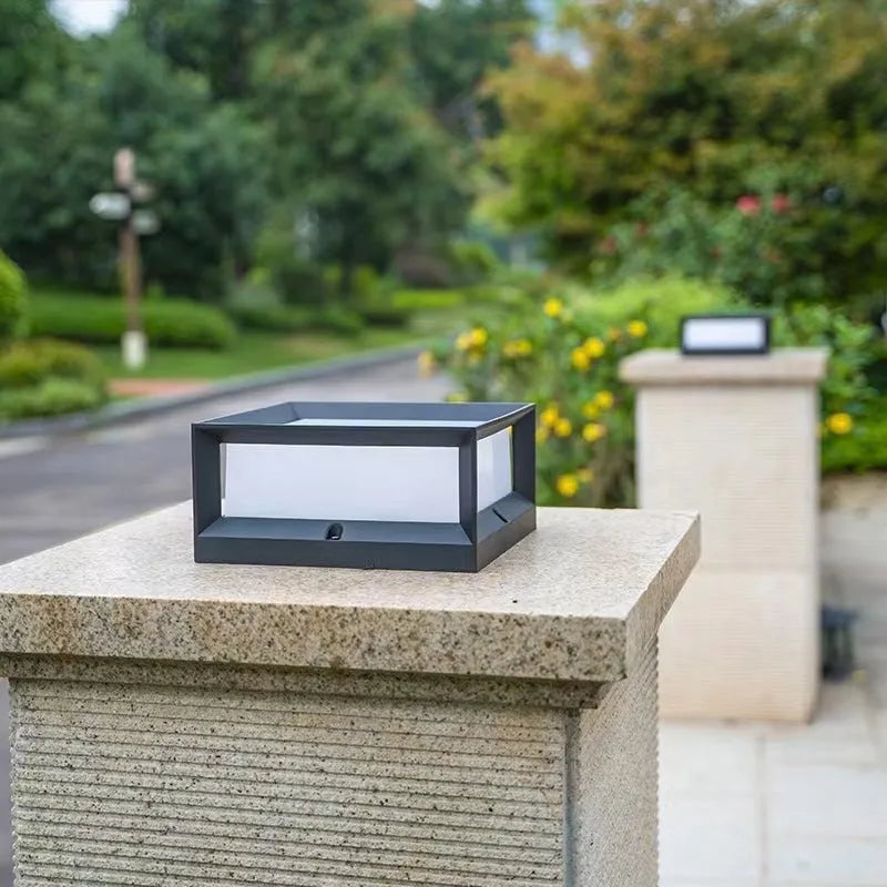 Aluminium solar-powered LED outdoor column light showing two size options.