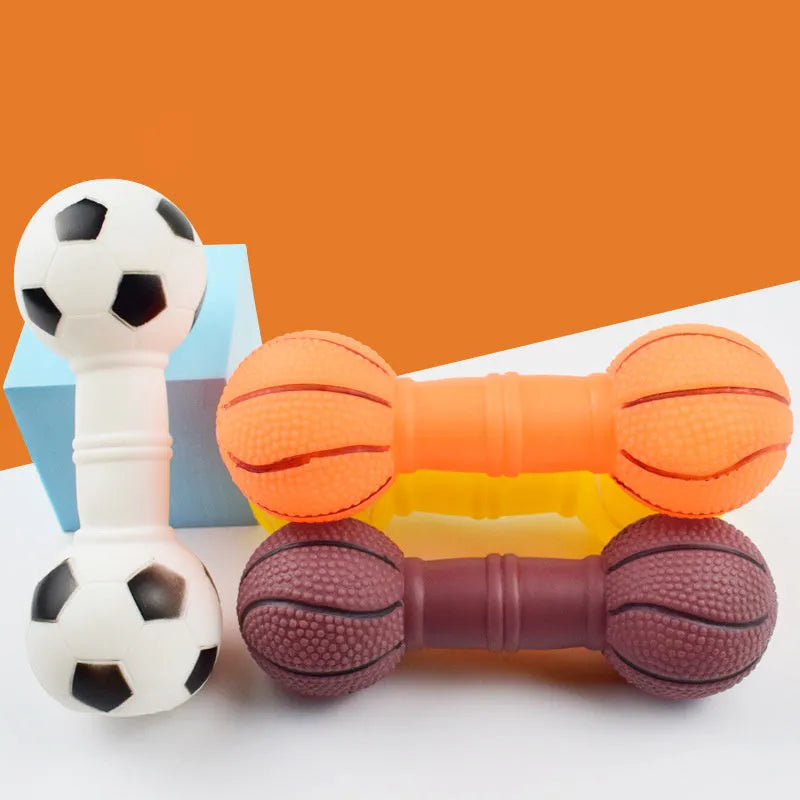 PVC football dumbbell shaped squeaky chew toy for dogs in brown, orange, white, or yellow