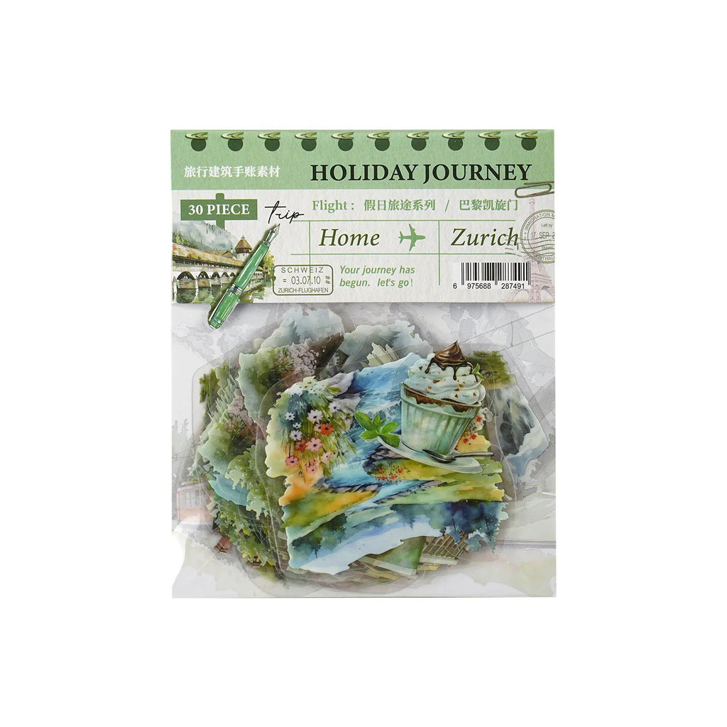 Holiday Journey Series retro architecture journal stickers showing designs of Big Ben, Arc de Triomphe, and other landmarks.