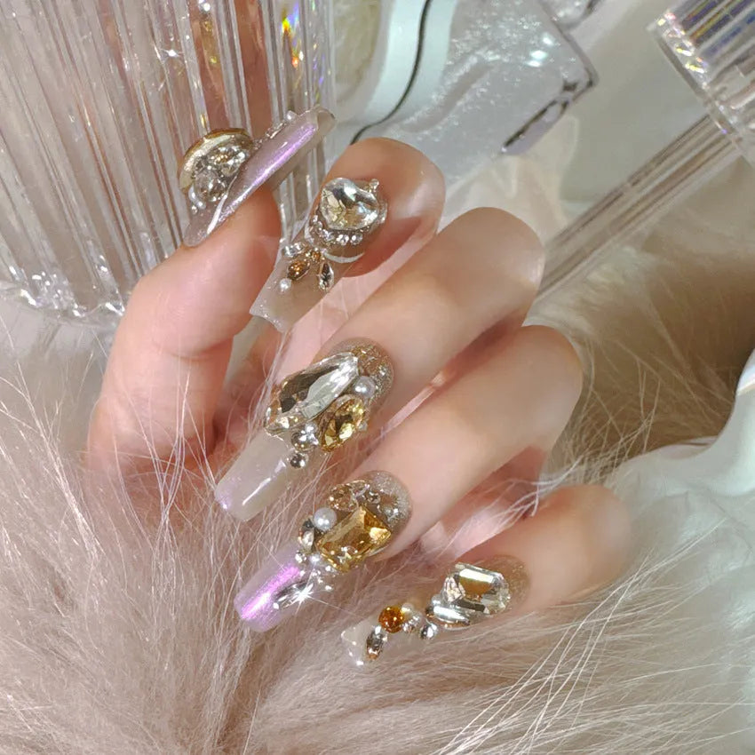 False nail patches with rhinestone designs and flash finish in card packaging