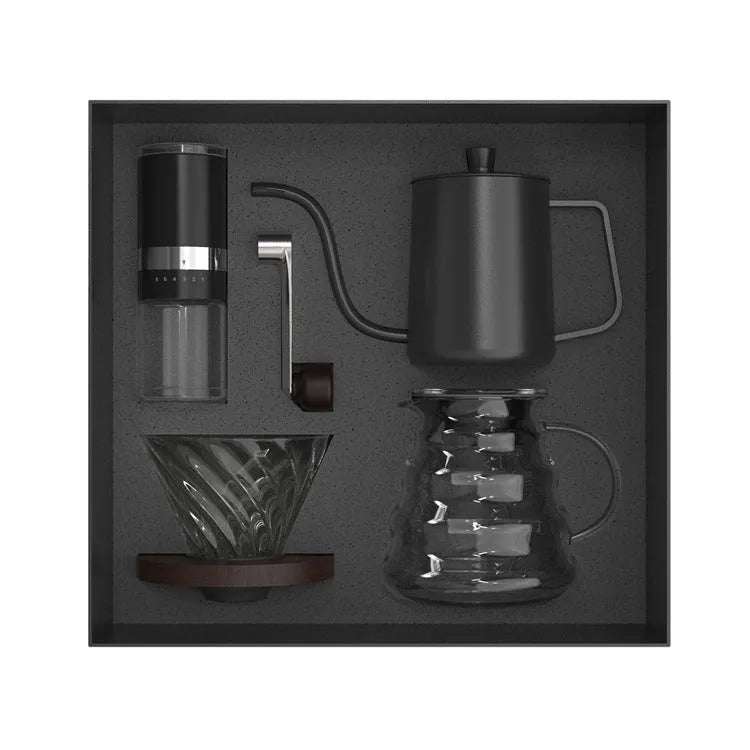 Heat-resistant glass pour-over coffee set with coffeepot and filter cup, available as 4-piece or 6-piece set