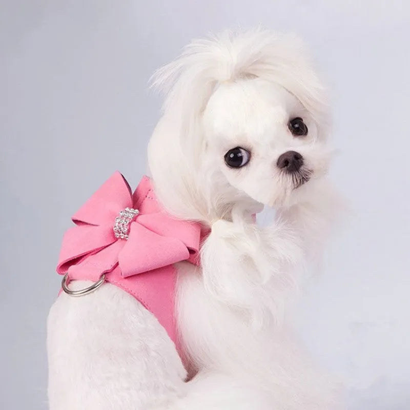 Puppy chest strap harness with bowknot design in microfiber, available in pink, blue, and orange colours
