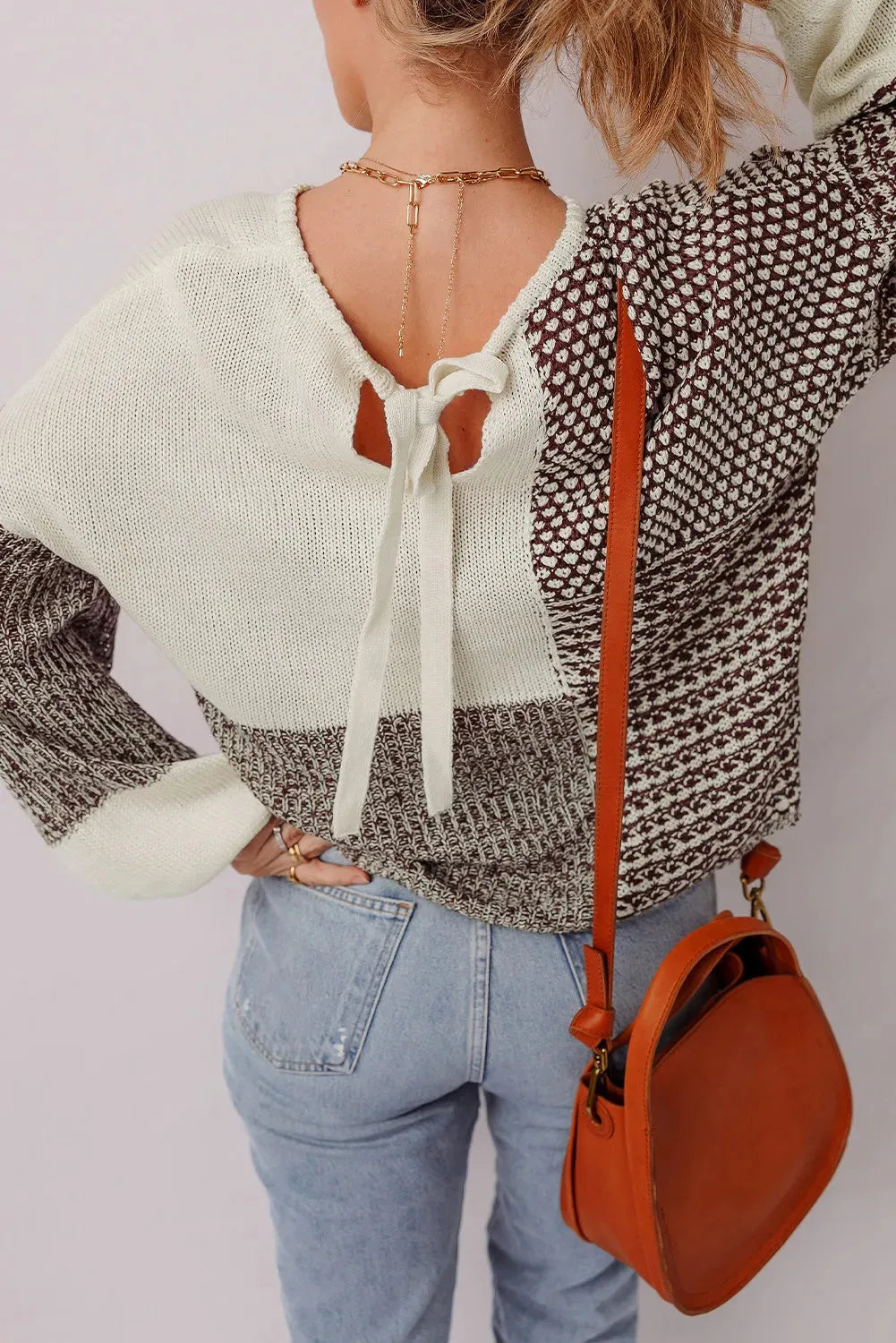 Dark khaki colour block drop shoulder loose sweater with back tie detail