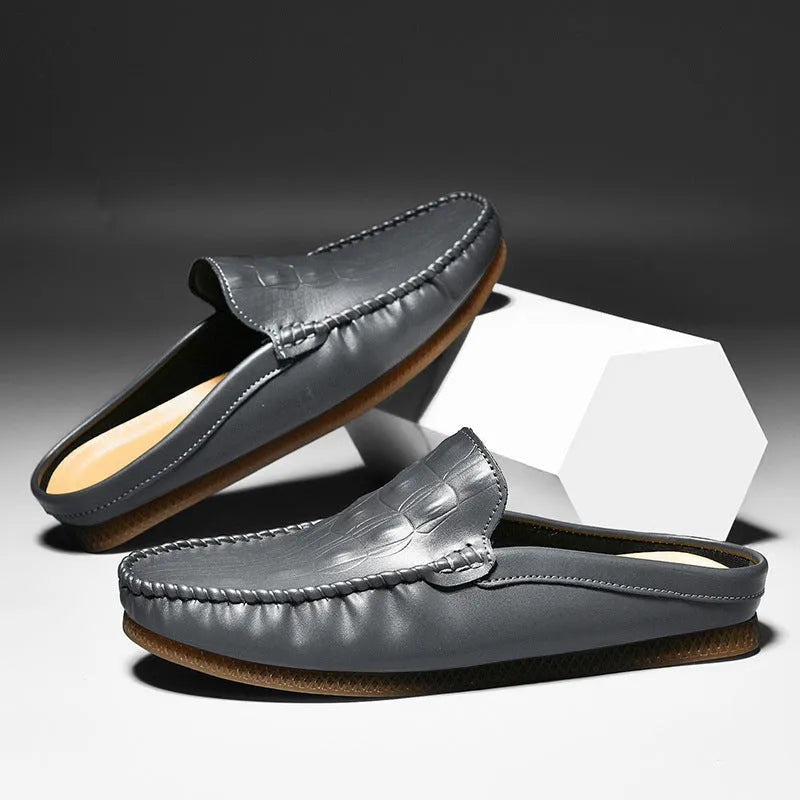 Men's black summer semi-slippers with artificial PU upper and rubber sole