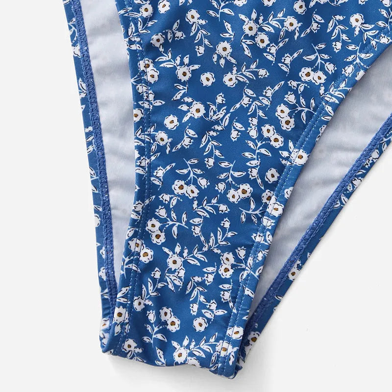 Blue polyester swimsuit three-piece set without a steel ring, showing top and shorts.