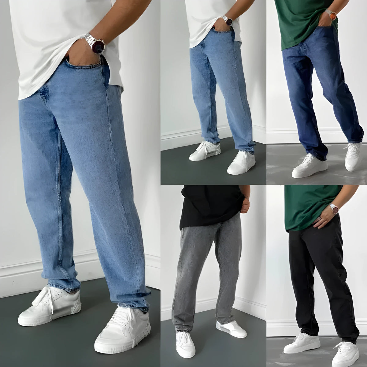 Men's slightly flared cotton cowboy trousers in dark blue, light blue, or light grey, sizes S to XL