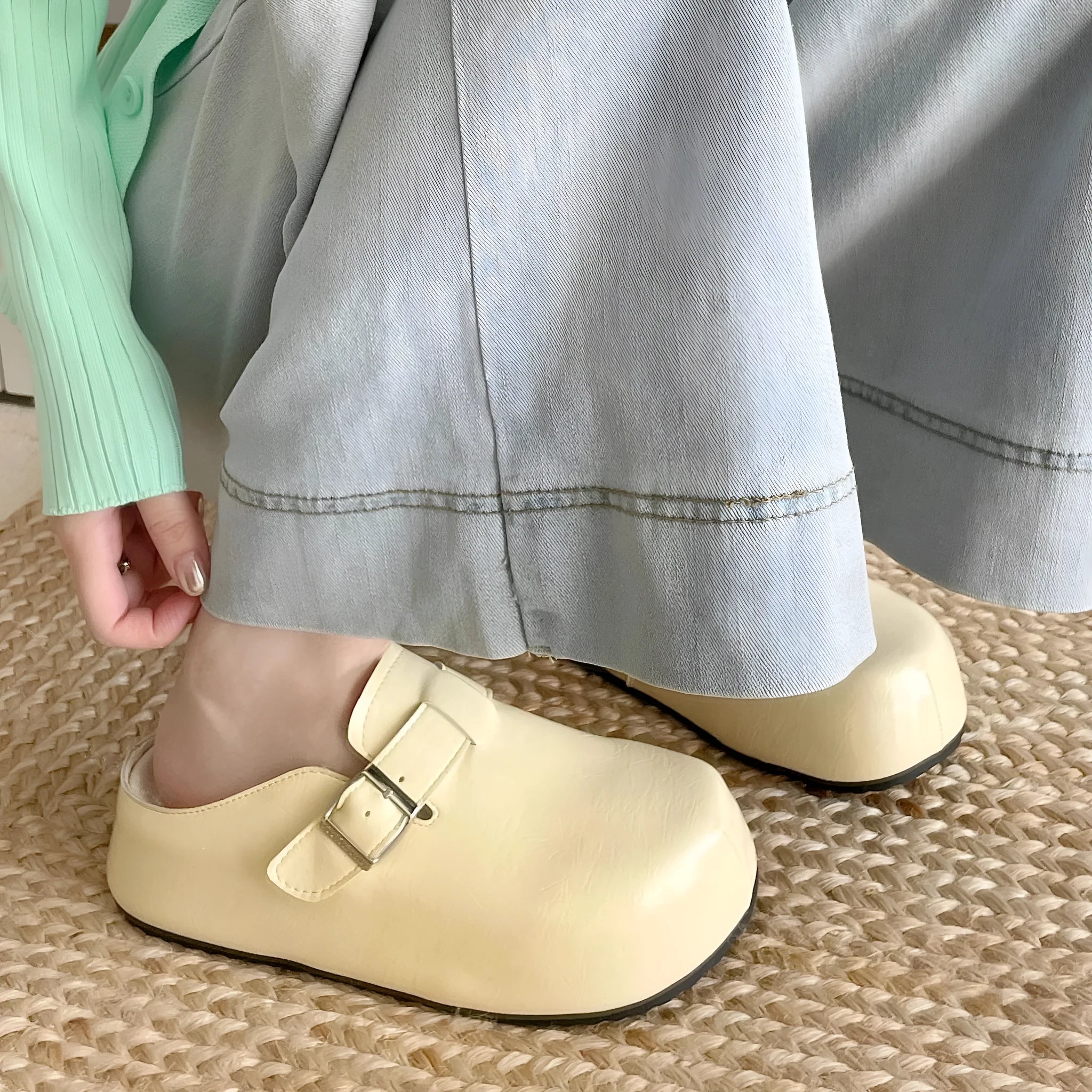 Flat buckle casual sneakers in beige, black, silver, or yellow with round toe and PU upper