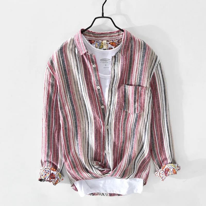 Men's casual linen striped shirt with loose fit long sleeves in red or grey colours