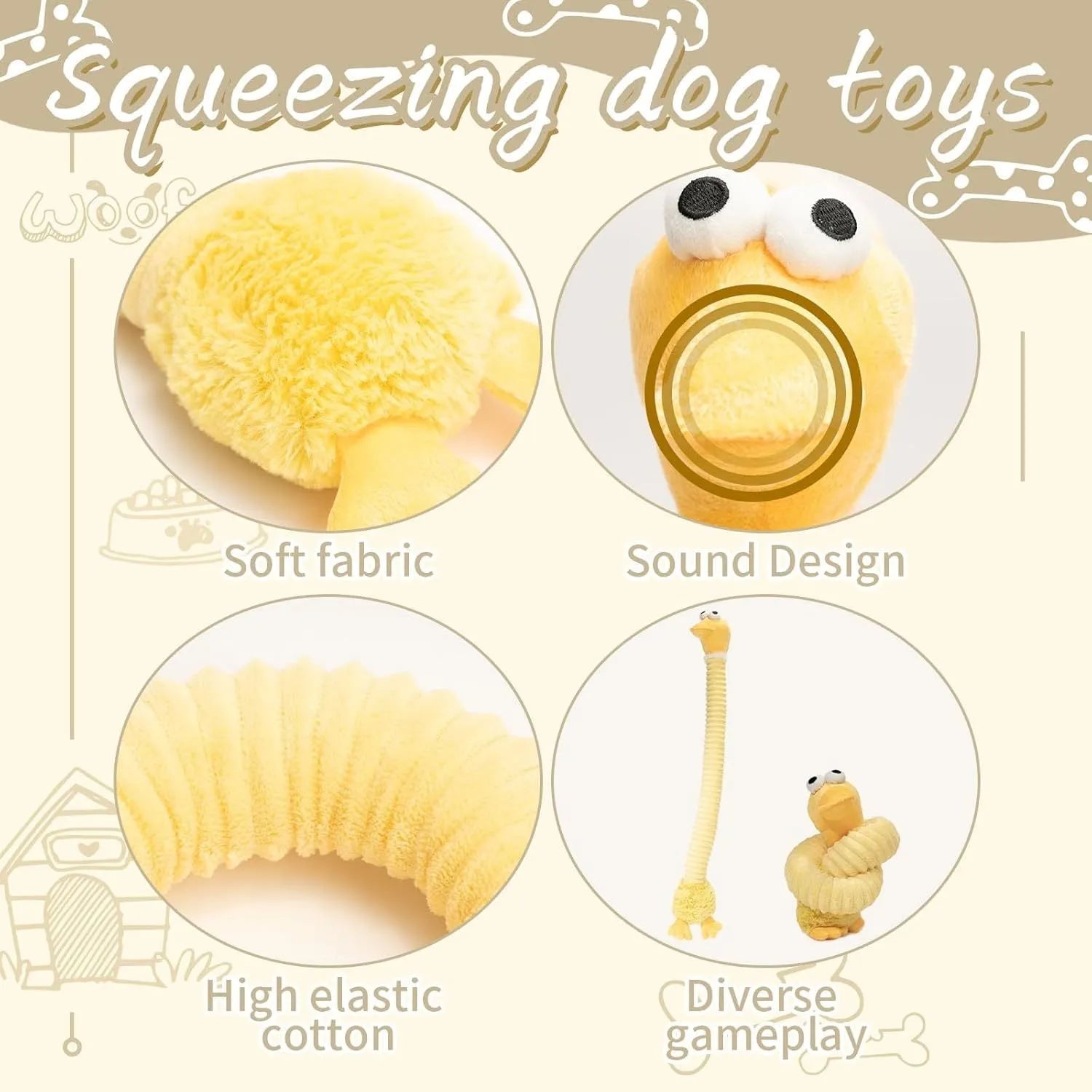 Plush stuffed dog toy with squeaker and crinkle material in brown, grey, or yellow colour