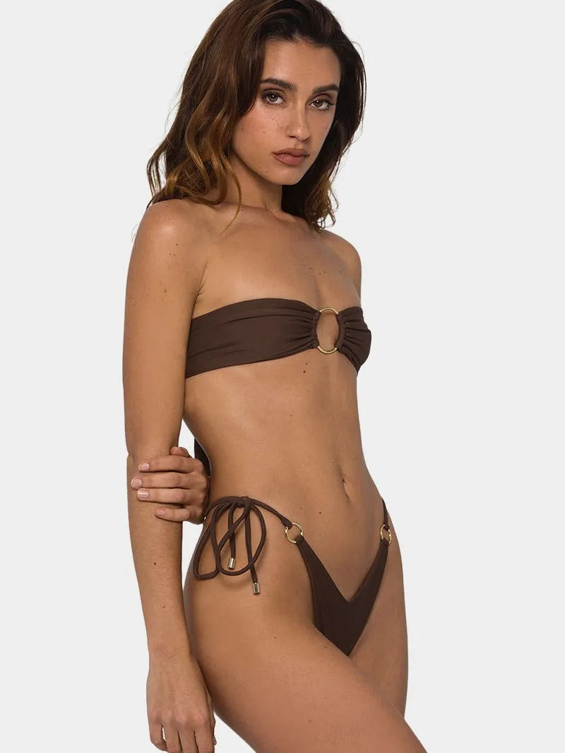 Brown tube top push up bikini set with split bottom design for women swimming