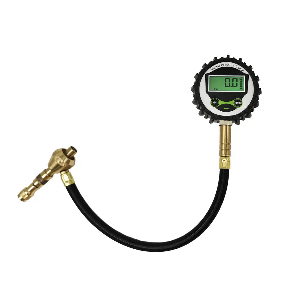 Mechanical tyre pressure gauge with metal body, rubber shell, and dial showing 0-5 BAR scale.