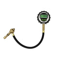 Mechanical tyre pressure gauge with metal body, rubber shell, and dial showing 0-5 BAR scale.