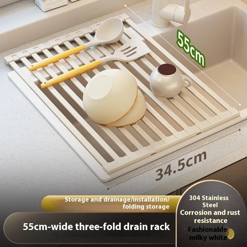 Milky white stainless steel foldable kitchen draining rack with tri-fold design on sink