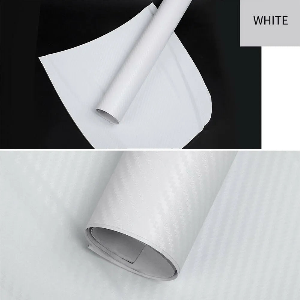 Roll of black 3D carbon fibre texture adhesive sticker for car decoration, showing textured pattern.