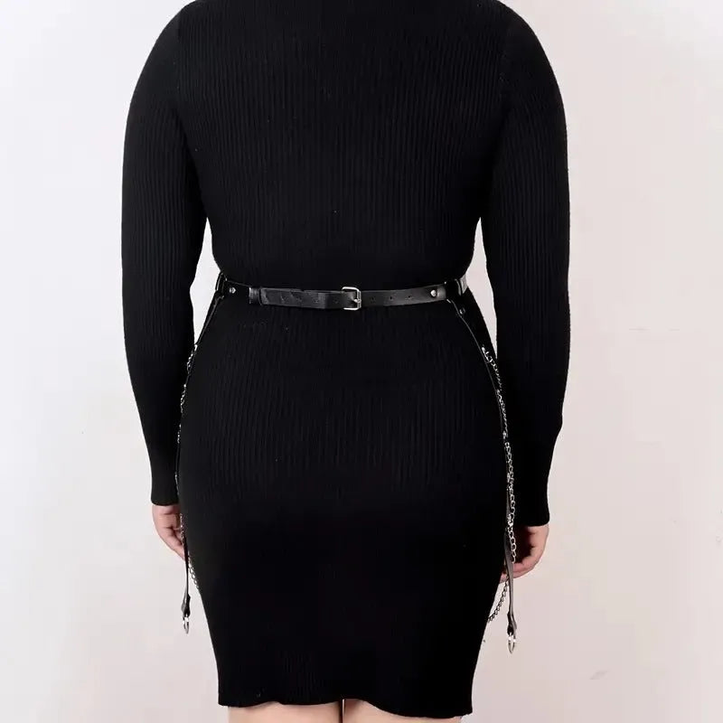 Black PU leather waist chain with bandage-style binding design for female fashion ornament
