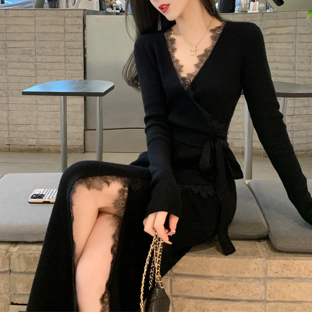 Black solid colour women's woolen princess dress skirt in slim fit free size