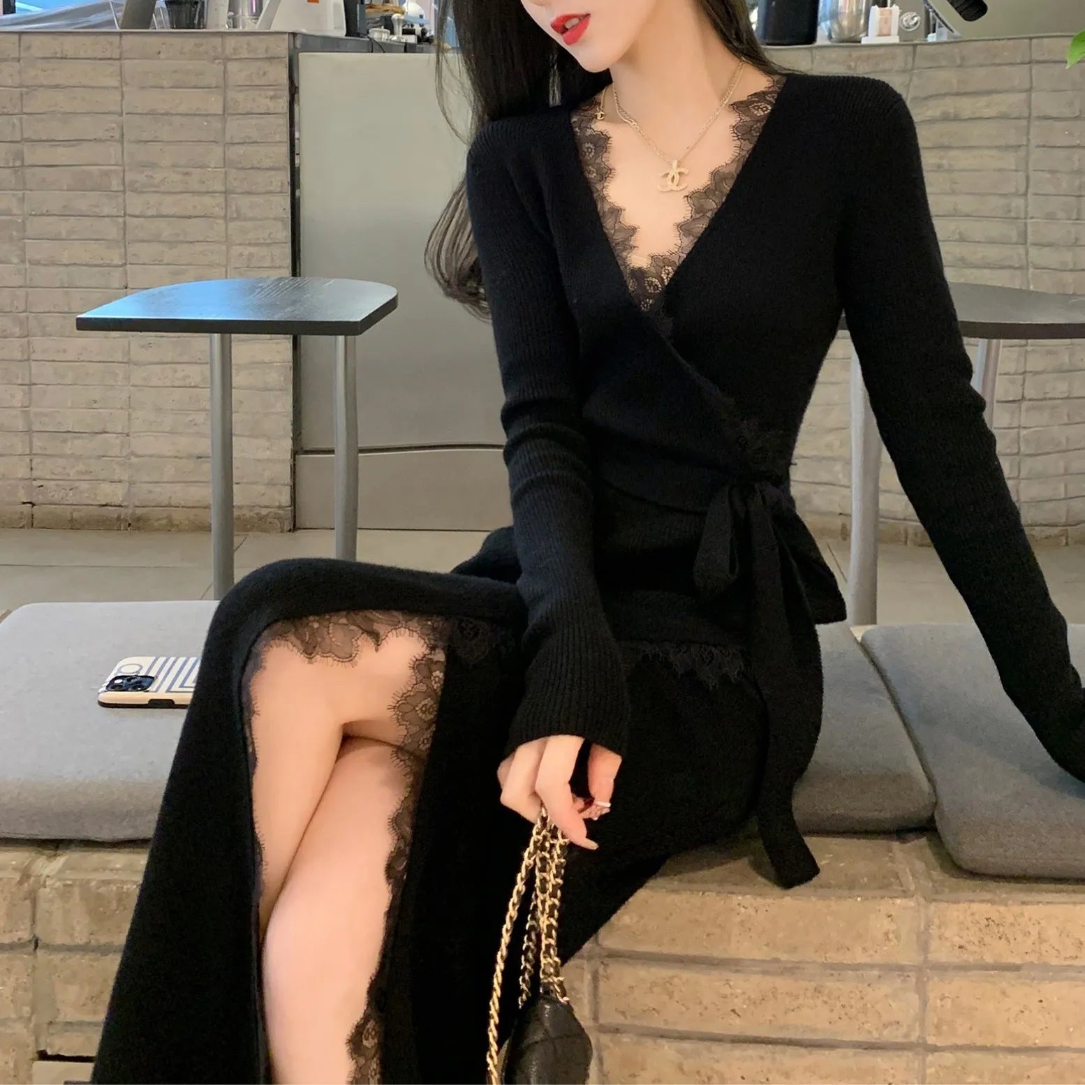 Black solid colour women's woolen princess dress skirt in slim fit free size