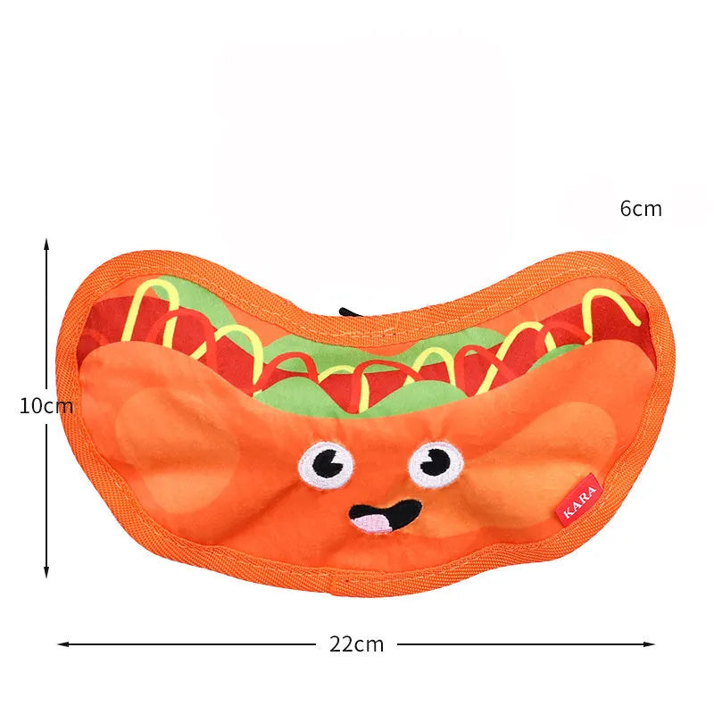 Food-shaped dog toy with crinkle and squeak features in hamburger, fries, hot dog, and pizza designs