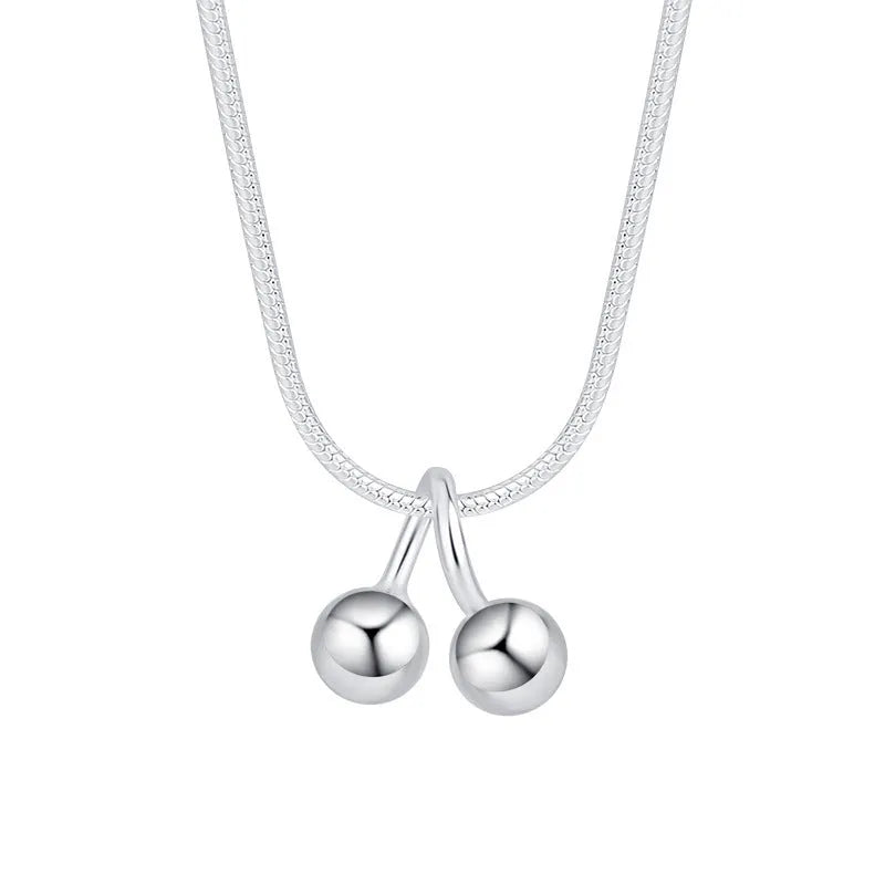 Silver cherry necklace with adjustable snake chain and fruit-shaped pendant
