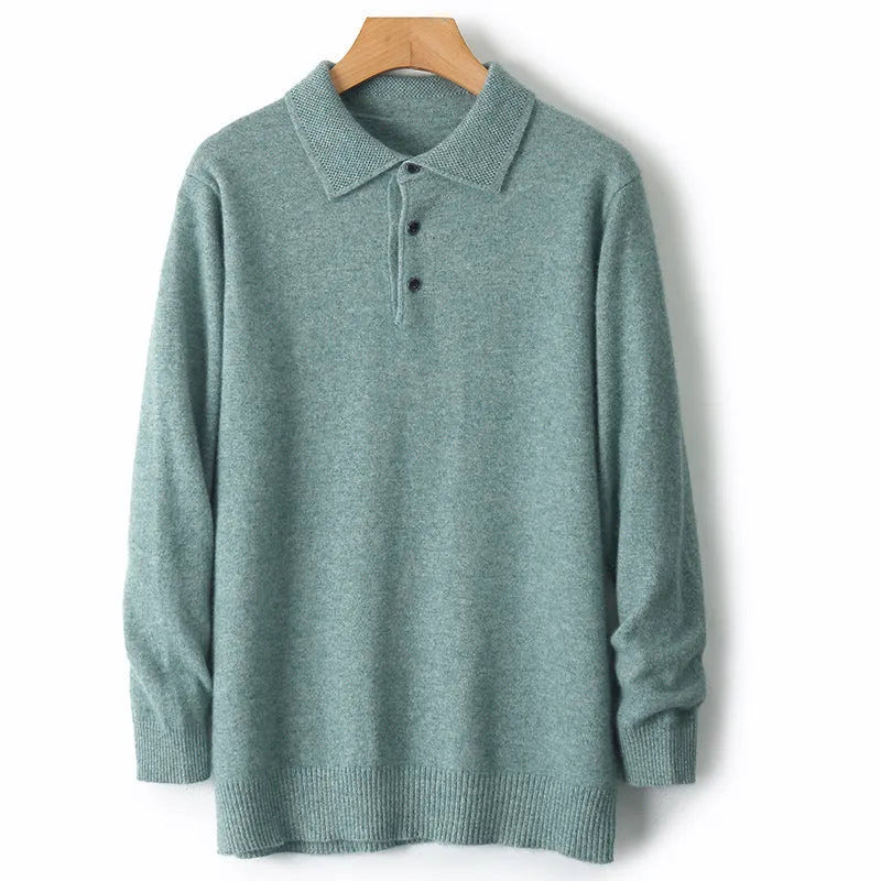 Men's wool polo collar sweater pullover in noble blue colour showing long sleeves and collar detail
