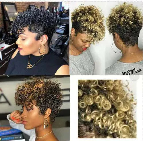 Short synthetic wig on a mannequin head showing simple rolls hairstyle in a dark colour.