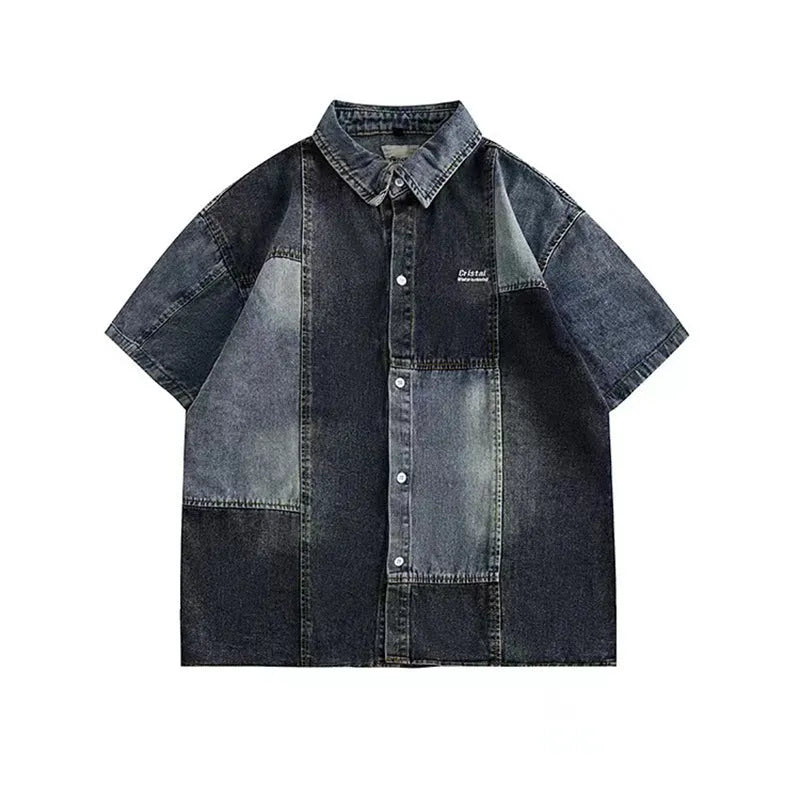Blue men's Japanese-style denim shirt with retro washed stitching and loose cardigan fit