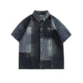 Blue men's Japanese-style denim shirt with retro washed stitching and loose cardigan fit