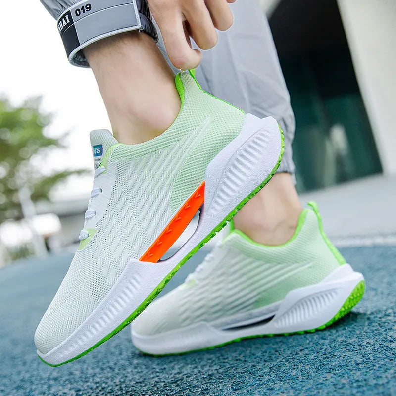 Men's breathable mesh sports shoes with injection moulded sole in blue gray and green colors