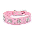 Adjustable black PU leather dog collar with rhinestone flower pattern and metal studs for small dogs.